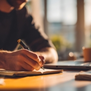 Person mit Notizbuch und Laptop