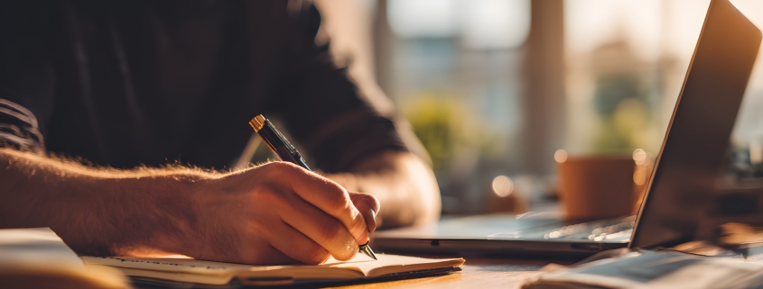 Person mit Notizbuch und Laptop